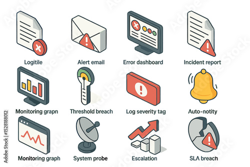 It alert icons: incident reports, dashboard errors, and monitoring tools