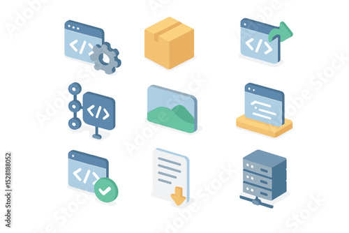 Isometric icons of software development and data storage tools