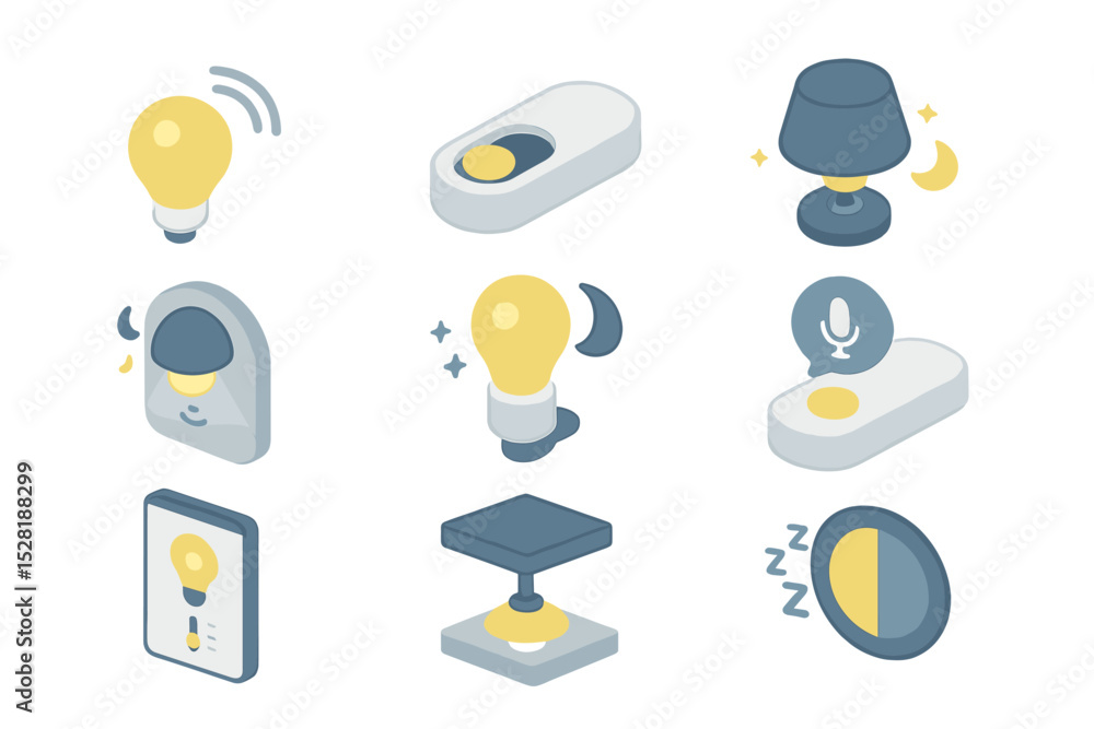 Fototapeta premium Smart home lighting icons in soft colors with various features and designs