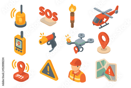 Emergency response icons: sos, light, helicopter, drone, map, worker, signal