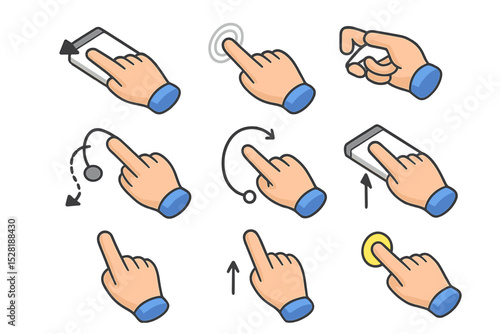 Gesture icons for touchscreen devices: swipe, tap, pinch, scroll, rotate