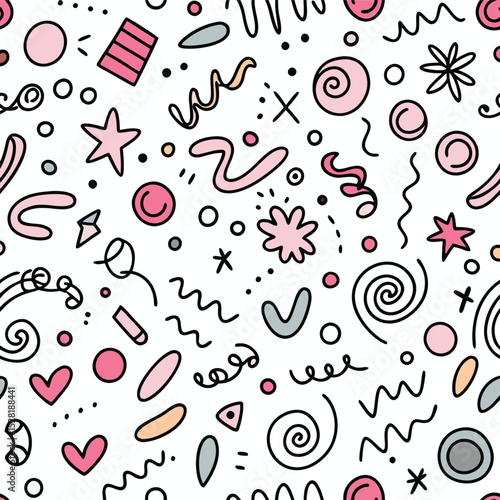 Whimsical pattern of various shapes and doodles in pastel colors on a white background
