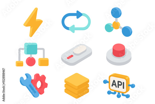 Colorful 3d technology icons on dark background with glowing effect