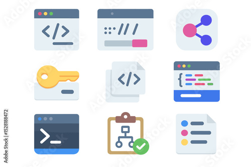 Colorful web development icons featuring code, keys, and network symbols