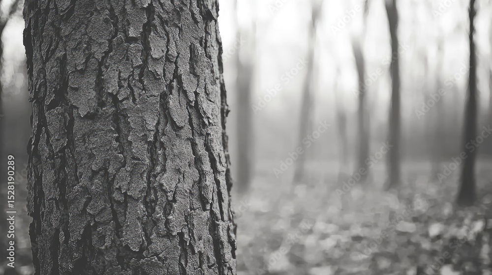 Fototapeta premium Close-up of a weathered tree trunk in a misty forest.