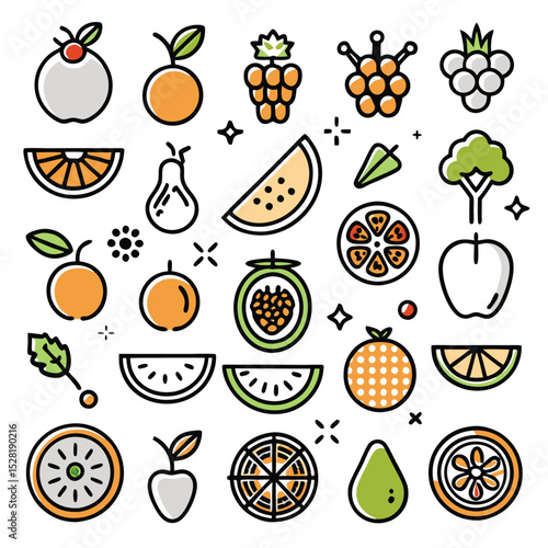 Collection of colorful fruit and vegetable icons