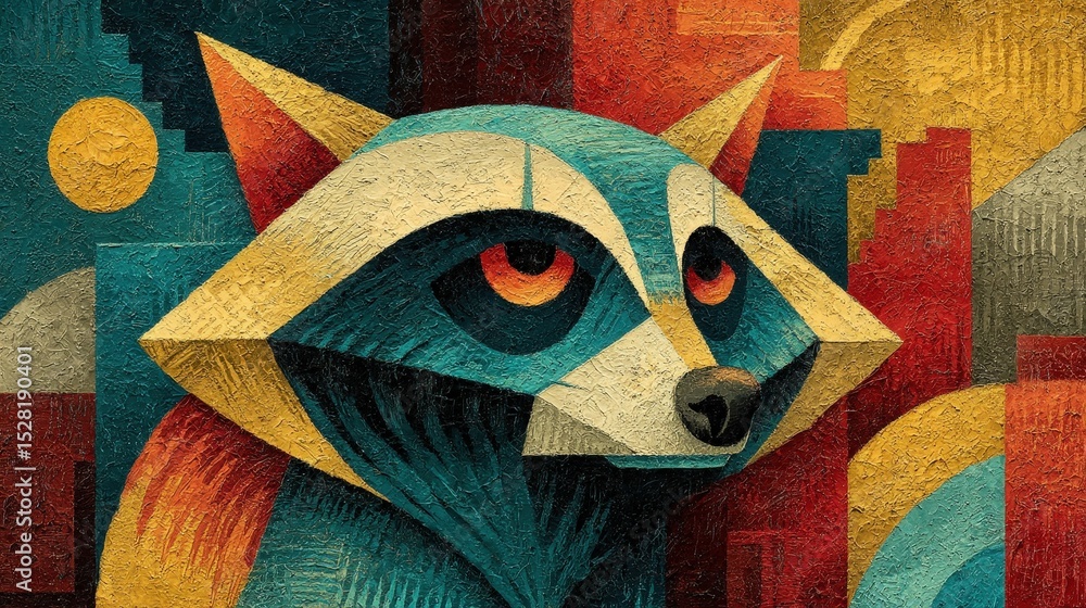 Obraz premium Geometric Raccoon Portrait in Teal and Gold Tones
