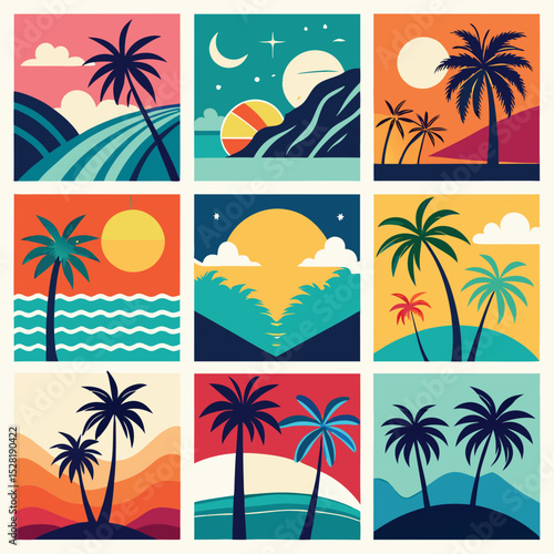 Colorful, stylized tropical landscapes featuring palm trees, sun, moon, and waves