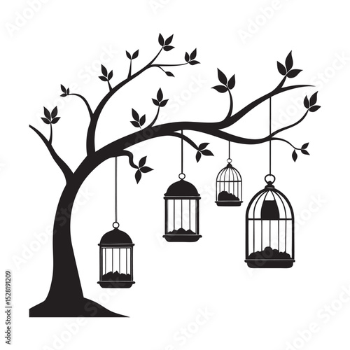 Tree With Birdcages And Open Doors Vector Silhouette