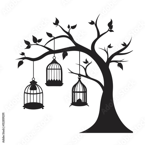 Tree With Birdcages And Open Doors Silhouette Vector