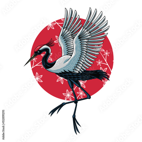 Japanese Crane Bird Illustration with Flower Background