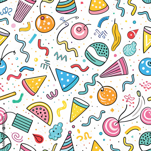 Abstract, colorful pattern featuring whimsical shapes and designs, including party hats,  dots,  spirals,  and various fun elements