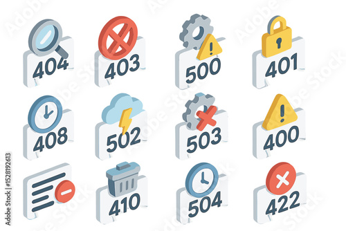 Colorful 3d error codes illustrations with icons for web development