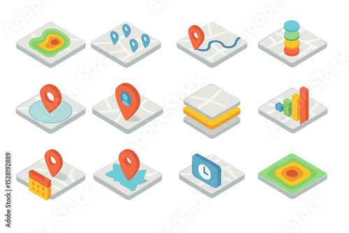 Colorful isometric map icons for navigation and data visualization