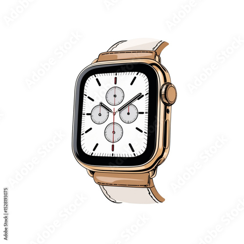 Vector illustration of a modern luxury smartwatch with white dial and rose gold body, featuring a minimalist chronograph design. Elegant wearable tech. 