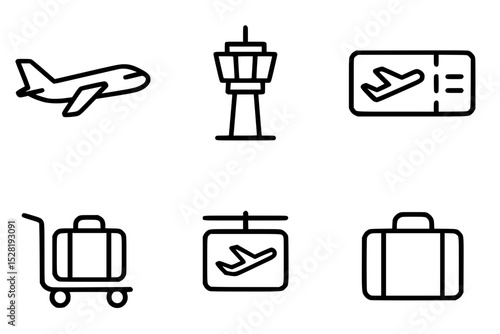 Airport Icon Set with Plane, Luggage, and Travel Elements