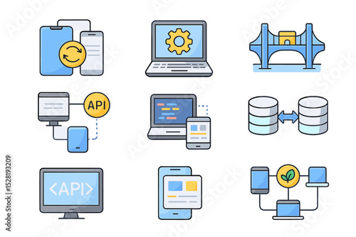 Technology icons: devices, api, cloud, data transfer, bridge