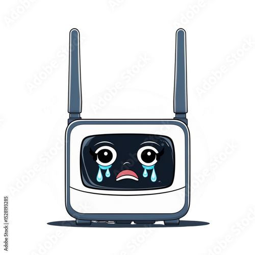 Vector illustration of a sad Wi-Fi router with crying cartoon face and antennas, symbolizing internet issues or digital frustration.