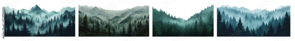 Obraz premium PNG Misty mountain forest landscape, element set on transparent background