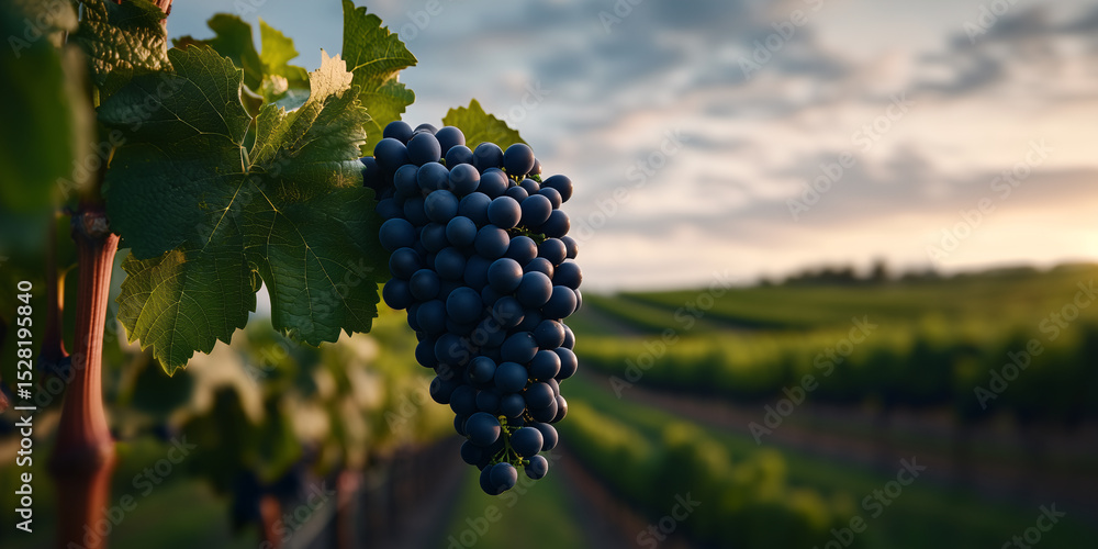 Naklejka premium A beautiful vineyard plantation with rows of grapevines laden with ripe bunches of purple grapes, with sunlight filtering through the leaves 