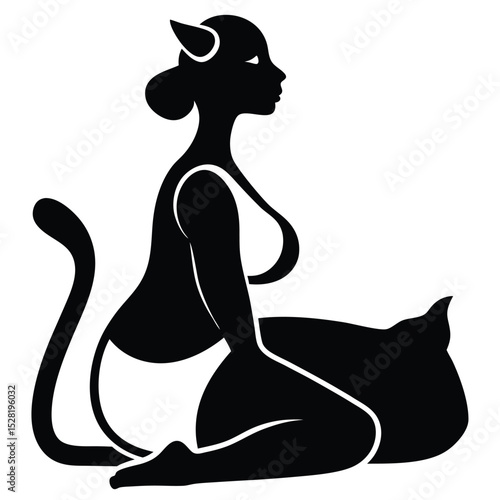 A stylized black and white illustration of a cat-woman sitting