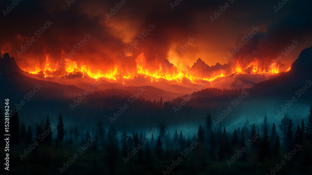 Obraz premium Fiery Inferno Wildfire Engulfs Mountain Range at Night