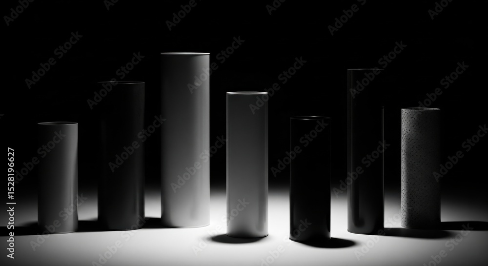 Minimalist black and white cylindrical tubes in dramatic lighting Minimalist black and white cylindrical tubes in dramatic lighting
