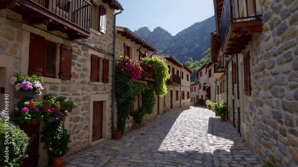 Sunny cobblestone street in charming European village with stone houses, blooming plants, and distant mountains under clear blue sky, peaceful summer travel destination Sunny cobblestone street in charming European village with stone houses, blooming plants, and distant mountains under clear blue sky, peaceful summer travel destination