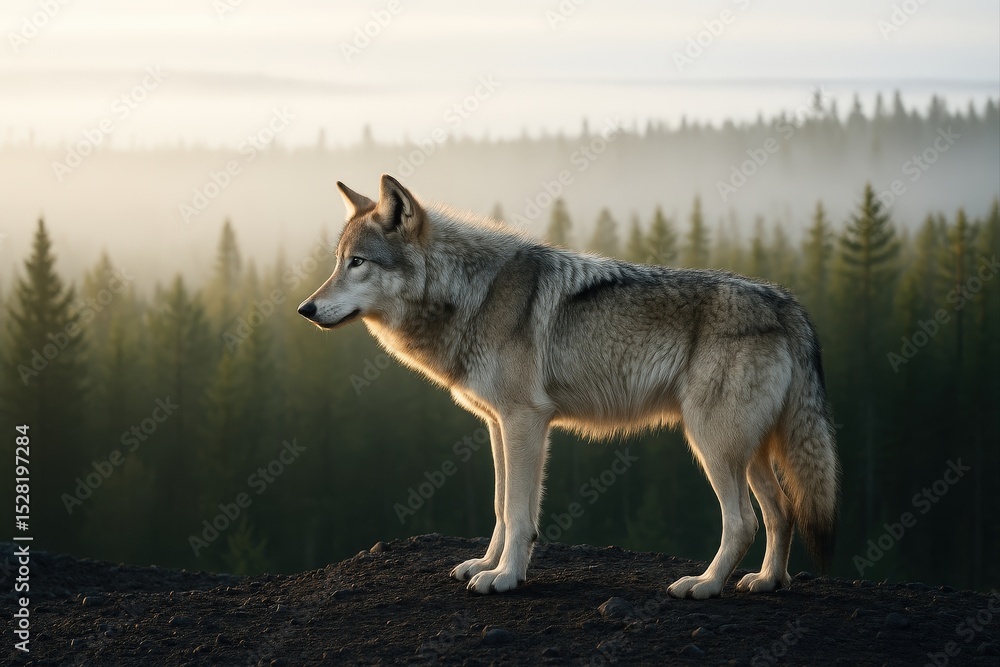 Obraz premium wolf standing on rocky outcrop in forest.