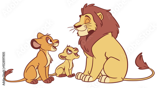 A colorful cartoon illustration of a lion family. A large, adult male lion with a brown mane is seated on the right, looking up and to the left with a slight smirk. Two smaller lion cubs