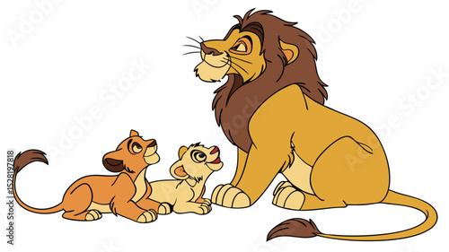 A colorful cartoon illustration depicting a lion family. A large, majestic male lion with a brown mane is seated, looking contentedly to the left. Beside him are two smaller lion cubs, both looking up