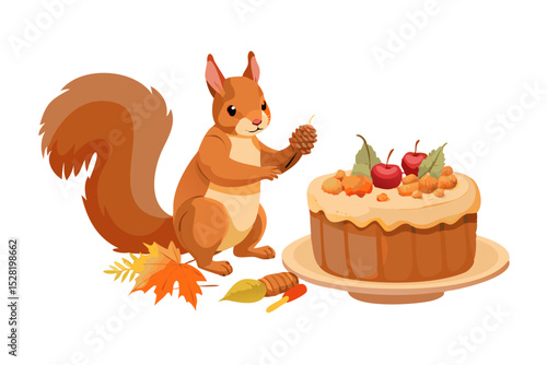 Cute squirrel with autumnal cake and fall leaves