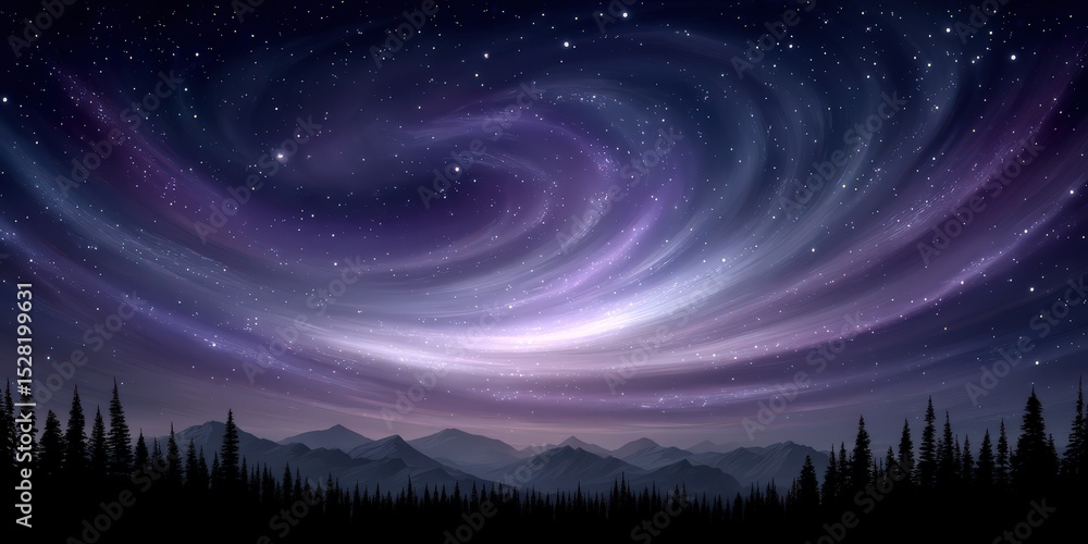 Fototapeta premium Stunning swirl of cosmic purple hues and bright stars framed by silhouette of mountains creating a mesmerizing starry night sky representing the beauty of the universe