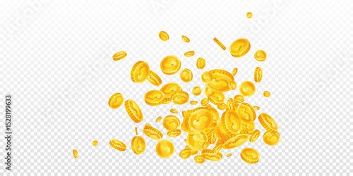 American dollar coins falling. Scattered gold USD