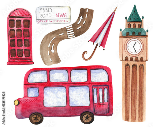 Festive collection of hand-painted watercolor elements with British symbols. Big Ben, Abbey Road sign, double-decker bus, telephone box, tea set. Illustrations isolated on white background