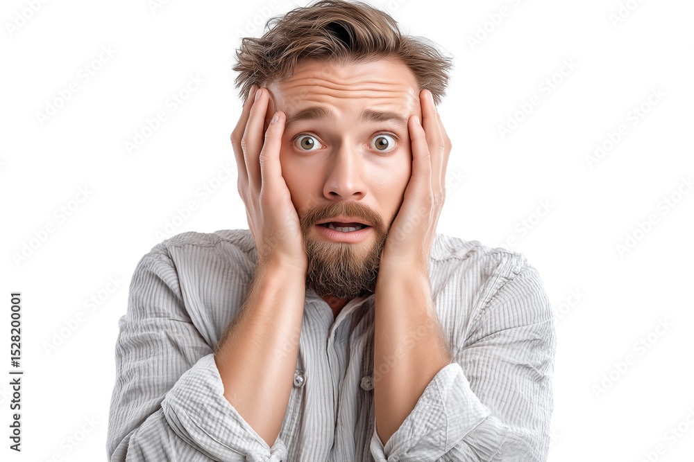 Man displaying panic with hands on head isolated on white background Man displaying panic with hands on head isolated on white background