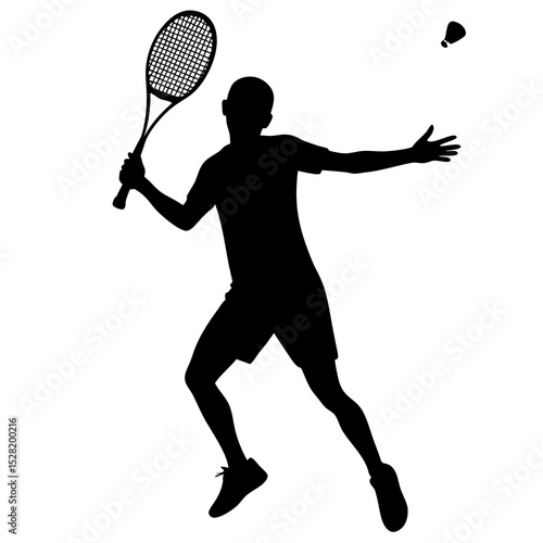 A badminton players silhouette is shown midgame, isolated on white background