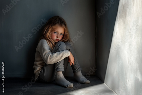 A child girl in gray clothes sits huddled in a corner near gray walls, a ray of light does not fall on the child, the girl sits in the shadow