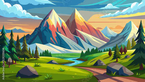 A picturesque landscape featuring majestic mountains, a winding river, and lush green valley