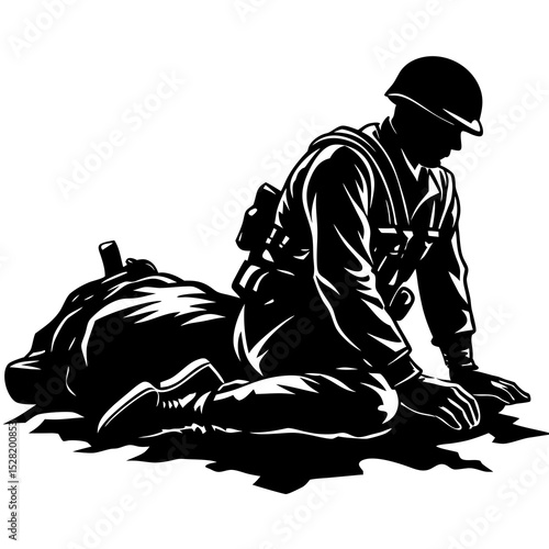 A grieving soldier sits beside a fallen comrade, a stark black and white illustration