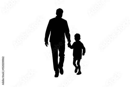 A father and son walk hand in hand, a silhouette isolated on white background