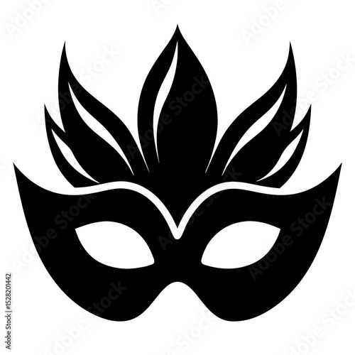 A black masquerade mask with ornate feathers is isolated on white background
