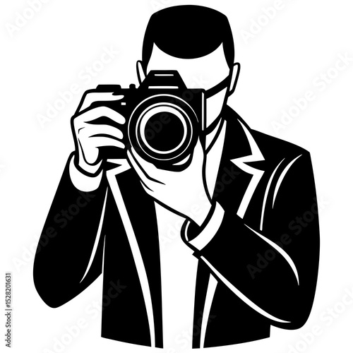 A man in a suit holds a camera, taking a photograph