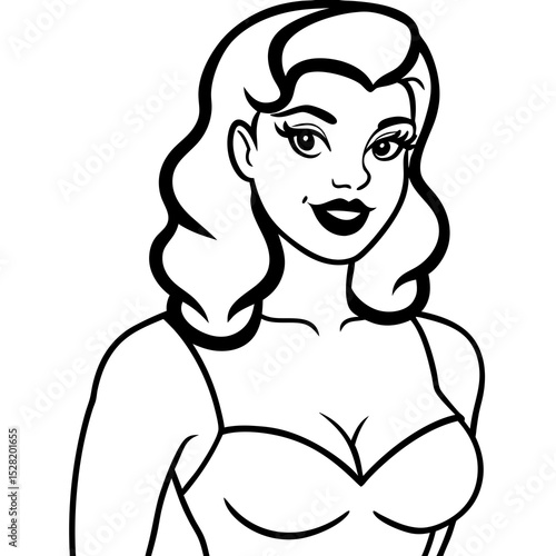 A retro pinup girl illustration in black and white, isolated on white background