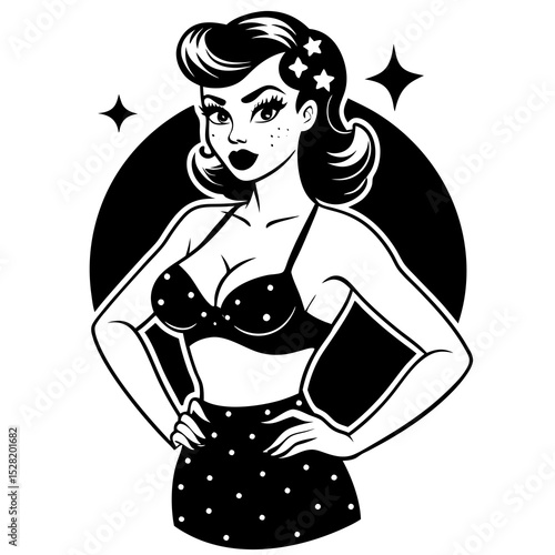A retro pinup girl in a polka dot bikini poses confidently, isolated on white background