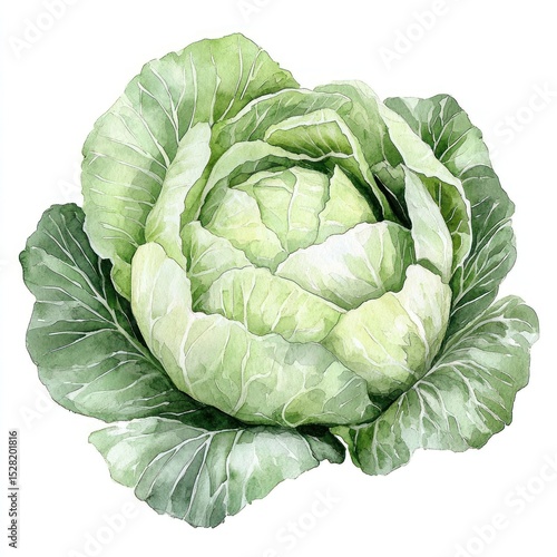 Watercolor illustration of a head of cabbage