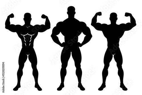 Three muscular bodybuilder silhouettes are isolated on white background