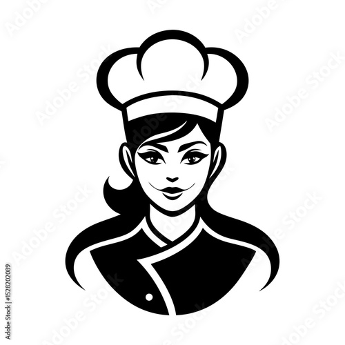 A smiling female chef in a toque, isolated on white background