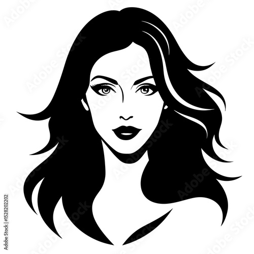 A beautiful woman with long black hair is isolated on white background
