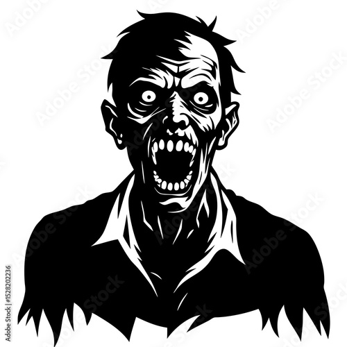 A terrifying zombie face is isolated on white background